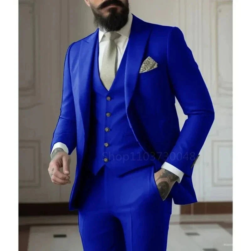 SHOWLU men's 3-piece slim fit formal suit with cotton tuxedo set, including jacket, vest, and trousers for wedding or formal events.