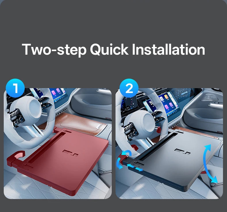 Showlu Smart General car steering wheel tray attached to a steering wheel, providing a convenient surface for snacks and devices.