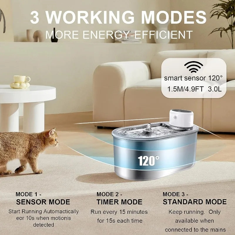 Showlu Fashion Store VOFORD 3.0L stainless steel wireless cat water fountain with motion sensor, showing sleek design and water flow.