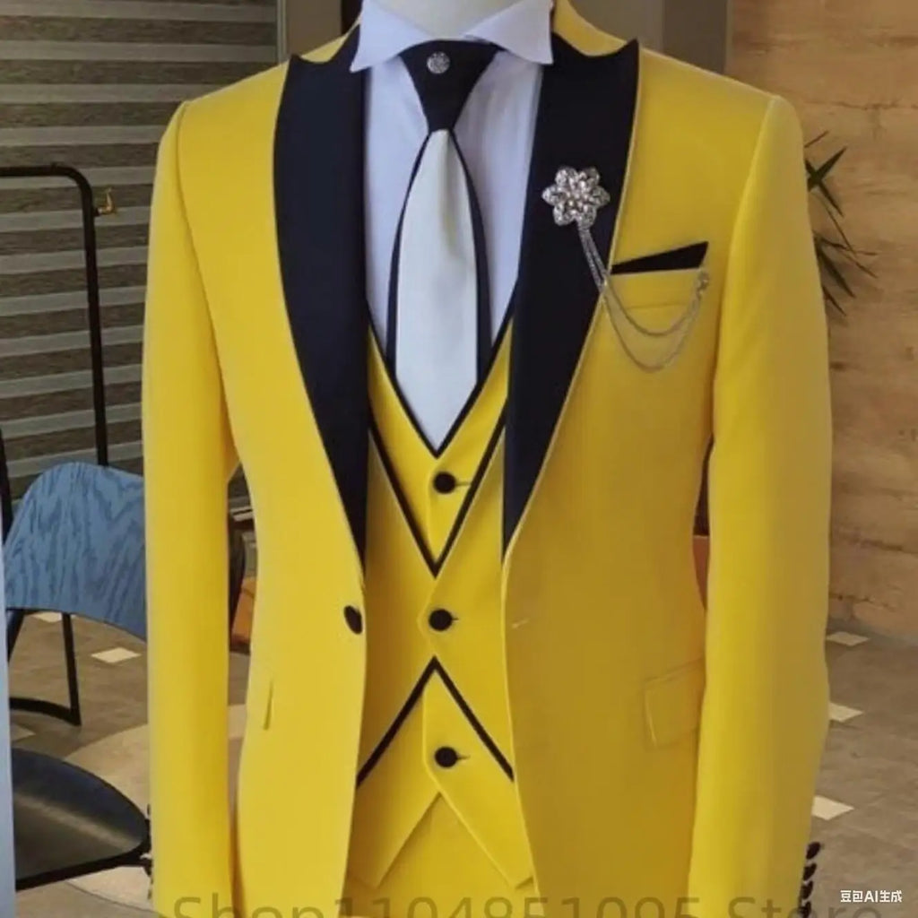 Men's solid slim fit 3-piece business suit set with blazer, vest, and pants for wedding or formal events, in luxury fashion style.