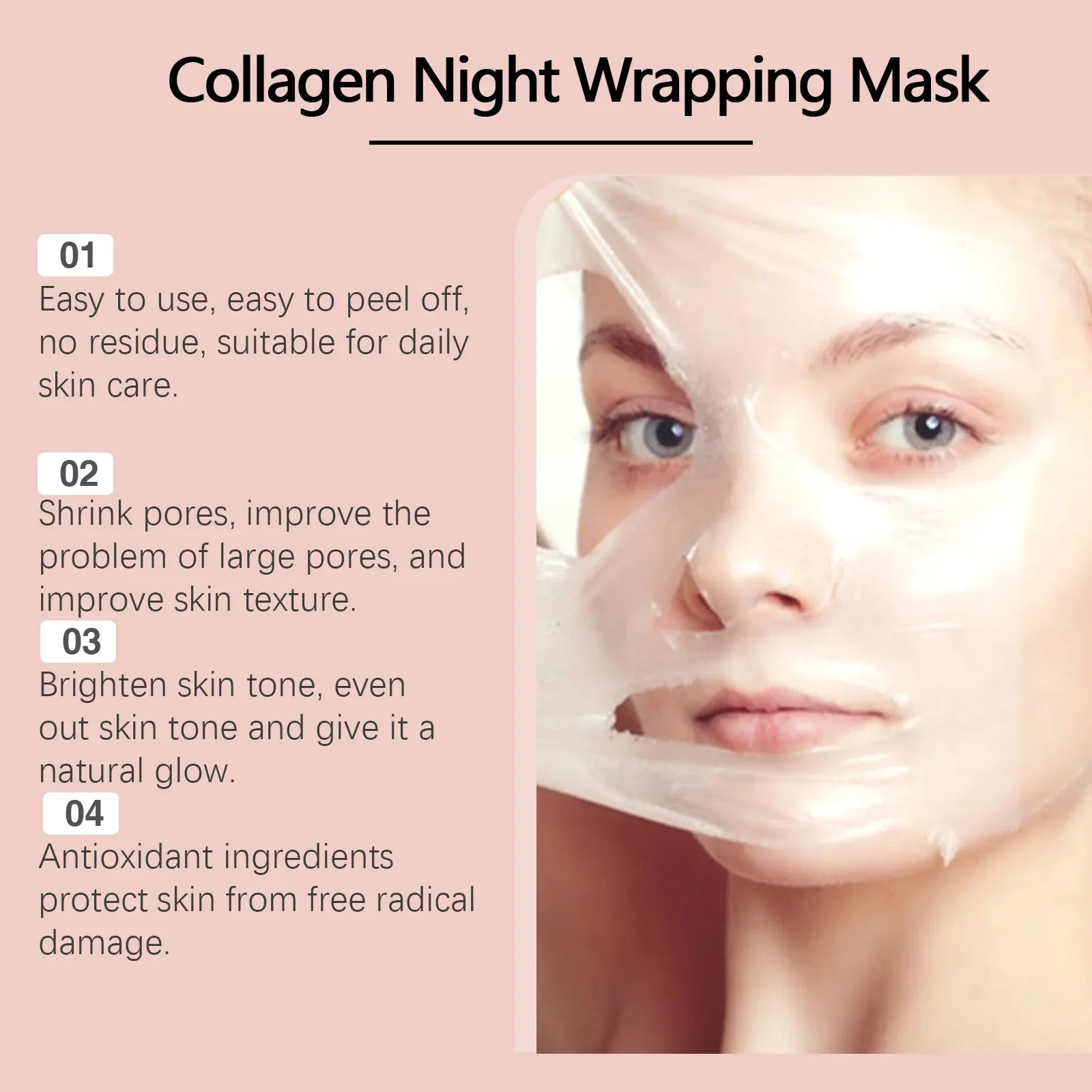 Hoygi Collagen Night Wrapping Peel-Off Mask showing the gel formula in a container, designed for firming and moisturizing skin.