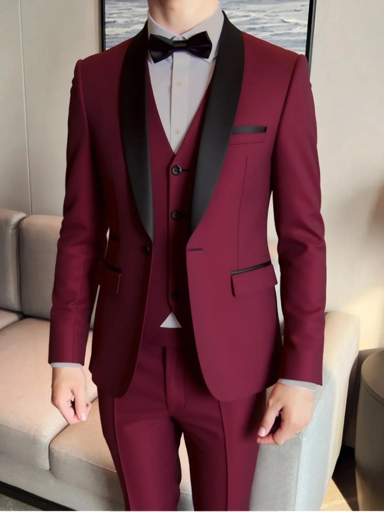 Men's 3-piece suit set including blazer, vest, and trousers, crafted in high-quality fabric for formal, business, or wedding attire.
