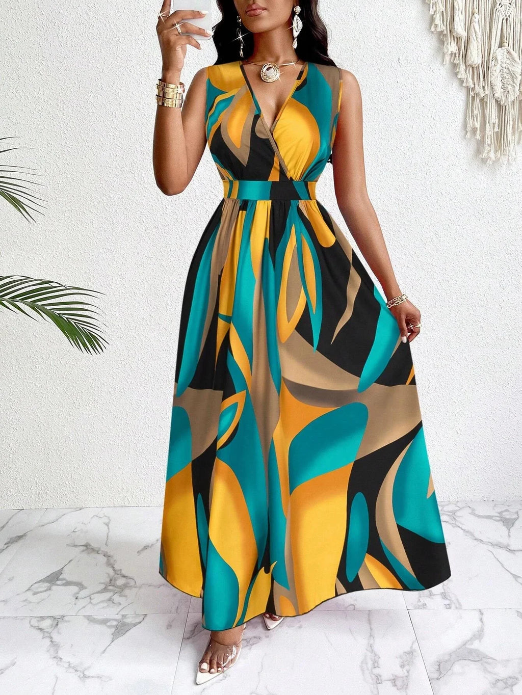SHOWLU Tropical Print V-Neck Fit and Flare Maxi Dress for Women, vibrant colorful floral pattern, flowing length and feminine style