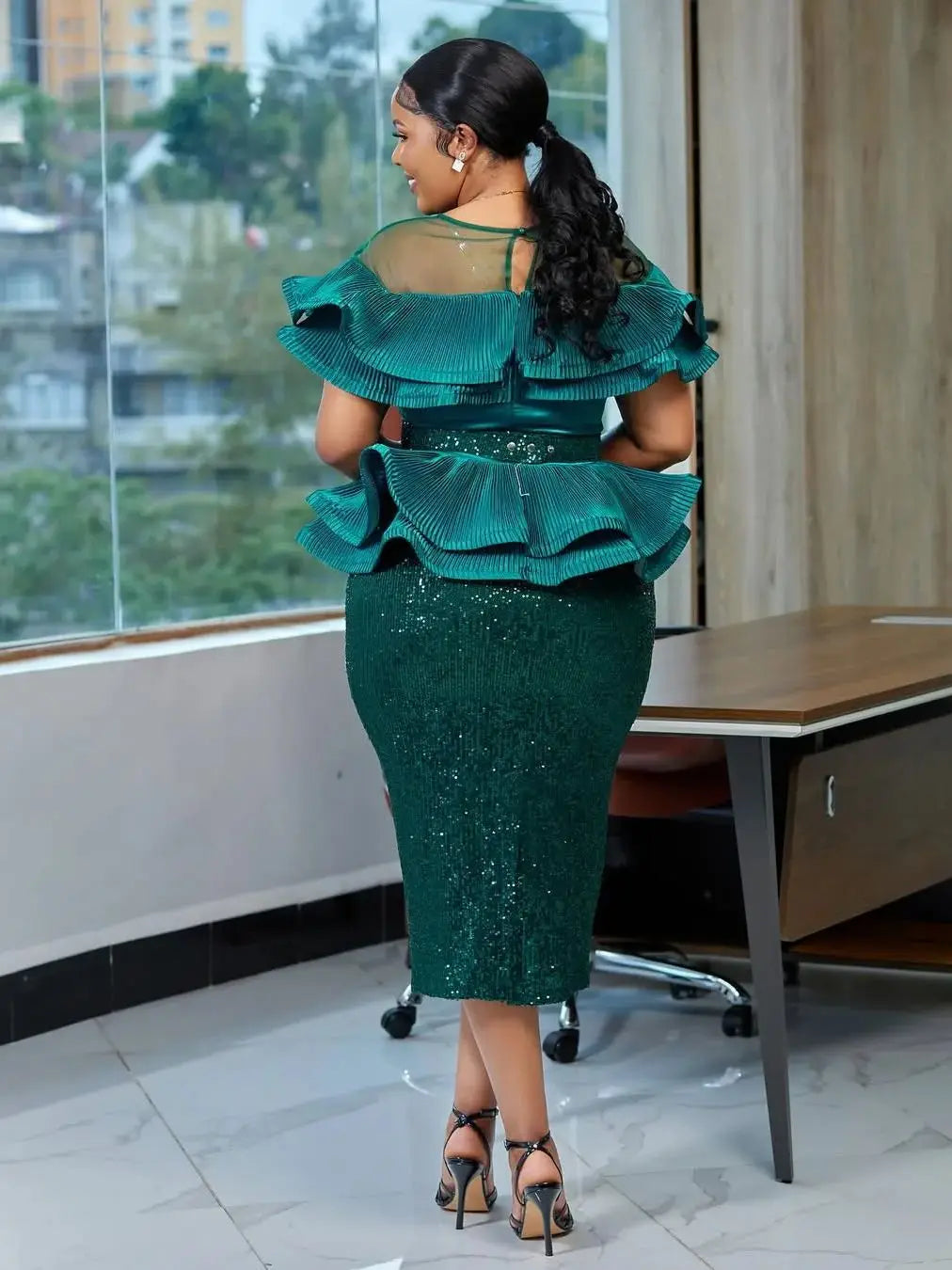 African sequin evening gown with ruffle details, long wedding party dress for women, elegant formal attire.