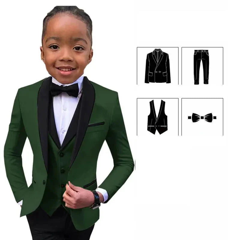 PsyMonster boys white suit by SHOWLU FASHION STORE with slim fit jacket, vest, pants, and matching bowtie, laid out flat.