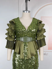 Plus Size African Party Dresses for Women Dashiki Sequin Sexy Bodycon Slit Long Dress Elegant Turkey Muslim Wedding Evening Gown