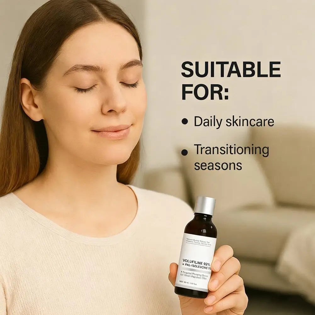 Volufilin face serum with niacinamide and hyaluronic acid for deep hydration, plumping, and smoothing dry skin on the face.
