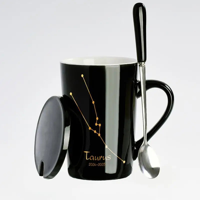 Black ceramic coffee mug featuring 12 zodiac signs, with lid and spoon, by Showlu Fashion Store.