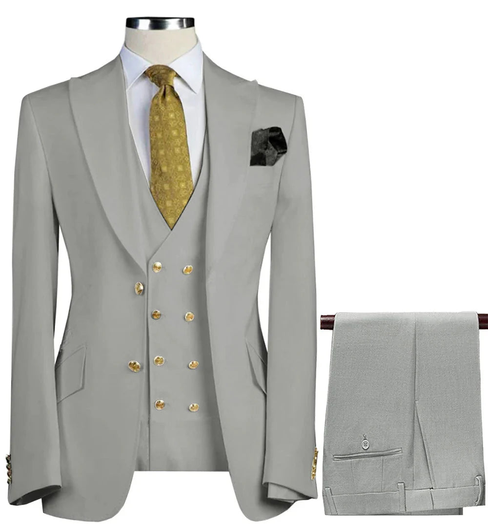 Men's 3-piece slim fit wool blend tuxedo suit by SOLOVEDRESS, featuring jacket, vest, and trousers, perfect for business or formal wear.