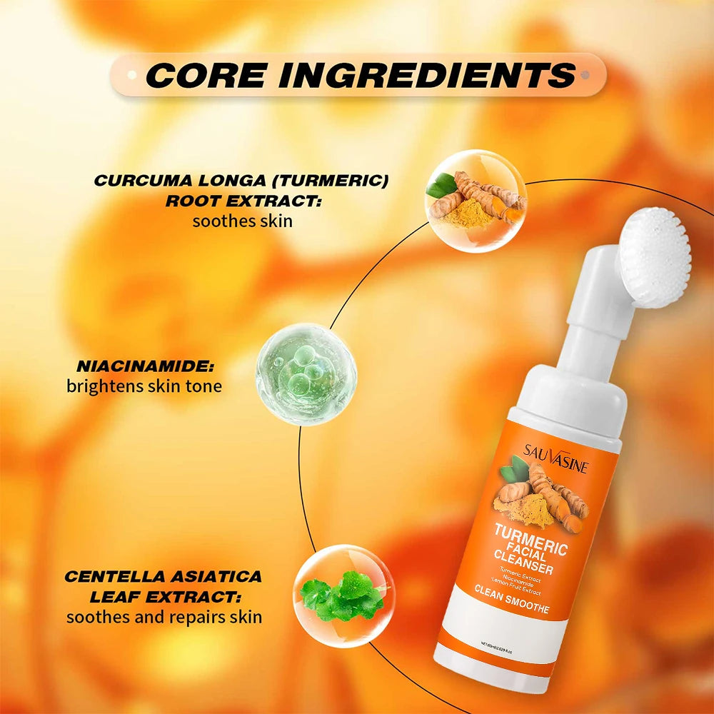 Turmeric Cleanser facial foam with brush, lemon extract, moisturizing and brightening skin care for daily face wash by Showlu Fashion Store