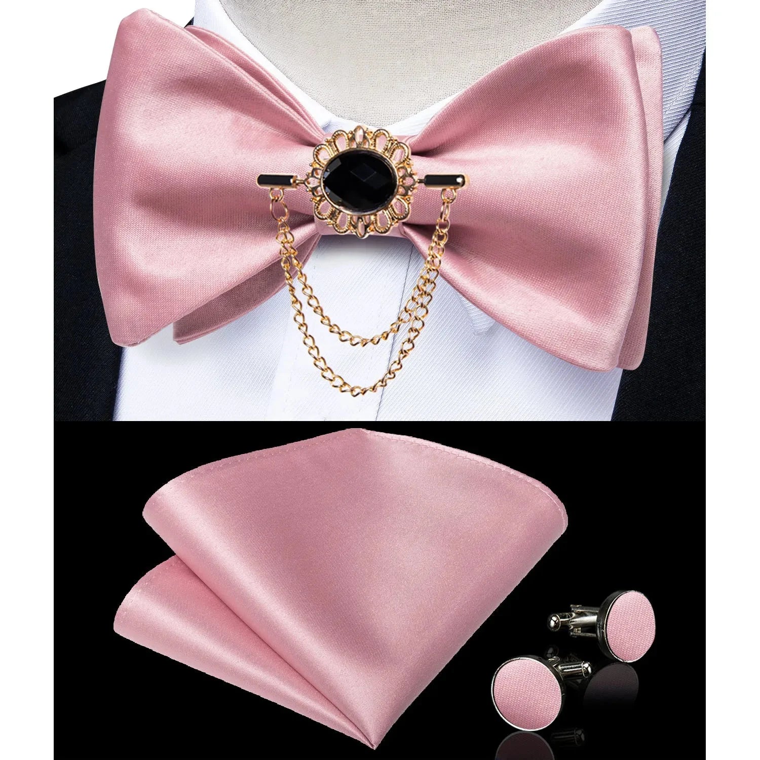 Pink plaid silk self-tie bow tie set with brooch and pocket hanky, stylish accessory for formal wear by SHOWLU FASHION STORE