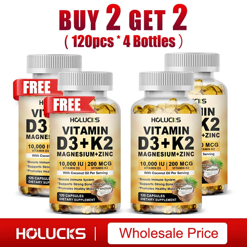 Vitamin D3 K2 Capsule, with Coconut Oil, Promotes Strong Bones, for Teeth,Heart Cardiovascular Health, Magnesium+Zinc Supplement