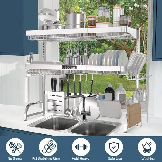 Over The Sink Dish Drainer Drying Rack,3 Tier Adjustable Length (25.5'' to 37.4'') Full Stainless Steel Large Storage Kitchen SHOWLU FASHION STORE