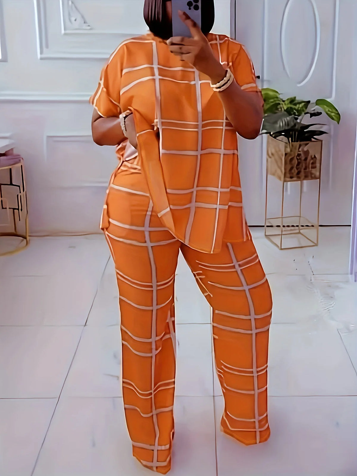 Spring Autumn New Women's Fashion Elements Striped Grid Printed Casual Round Neck Large Comfortable Two Piece Set