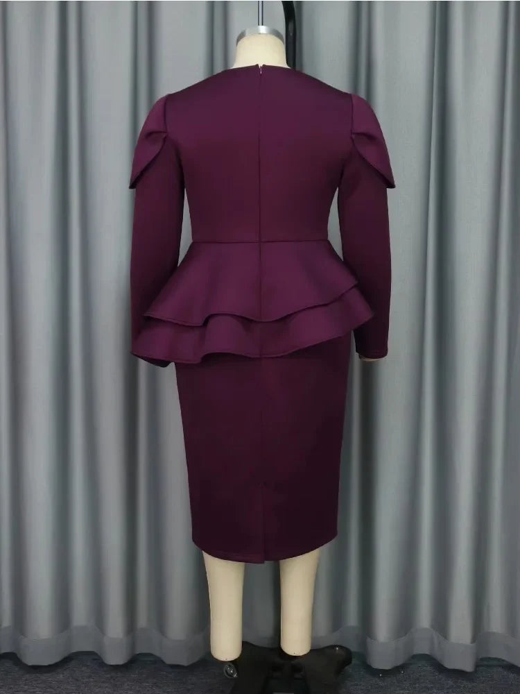 Purple Round Neck Silver Thread Embroidered Floral Long Sleeve Evening Dress Elegant for Special Occasions Perfect for Banquets