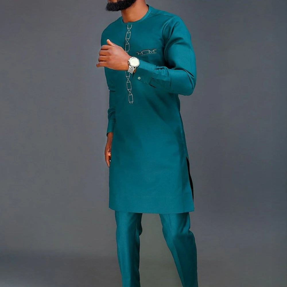New In African Summer Business Men's Short Sleeve Suit Embroidery Dashiki Shirt Pants Sets 2 Pieces Outfits Wedding Party 2025