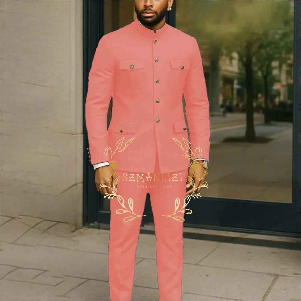 White stand collar men's tuxedo jacket and pants set with single-breasted blazer for business, groom, or wedding occasions.