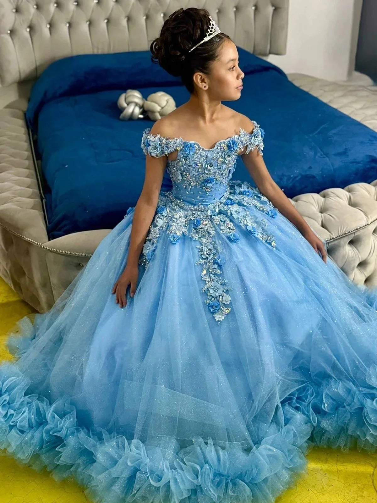 Customized Off Shoulder Flower Girl Dress for Wedding with Bow Appliqué Tulle Long Kids Birthday Party First Communion Gown