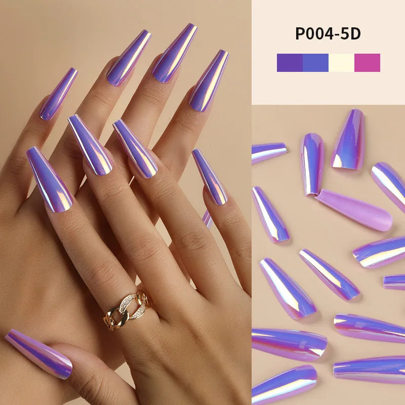 PINPAI 24PCS Mirror Effect Long Coffin Press On Fake Nails Kit With Adhesive Full Cover Artificial False Nail Art Tips Set SHOWLU FASHION STORE