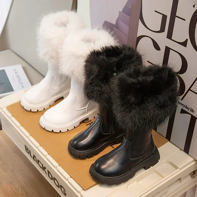 Miniso girls' winter high boots with plush fur lining, mid-calf leather shoes for warmth and style.