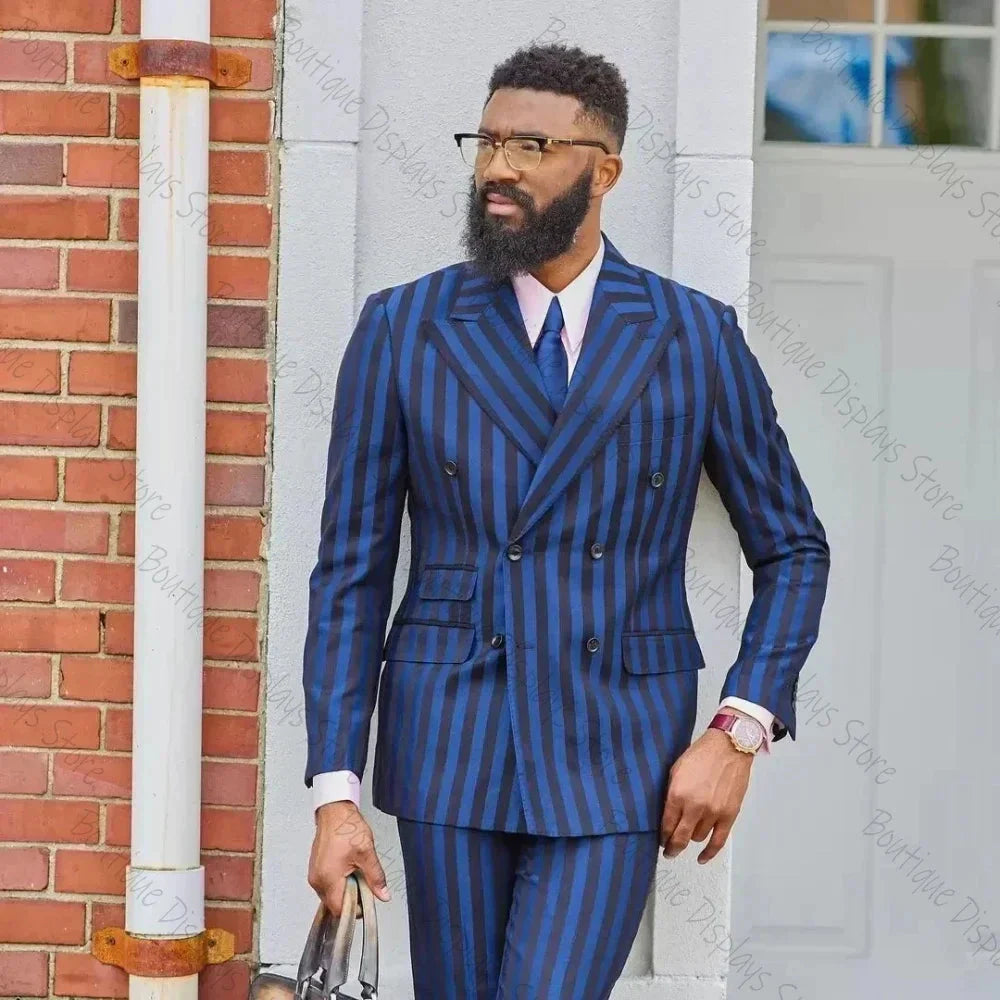 Men's blue and black stripe suit by SHOWLU FASHION STORE, double-breasted wedding tuxedo with tailored fit and stylish design
