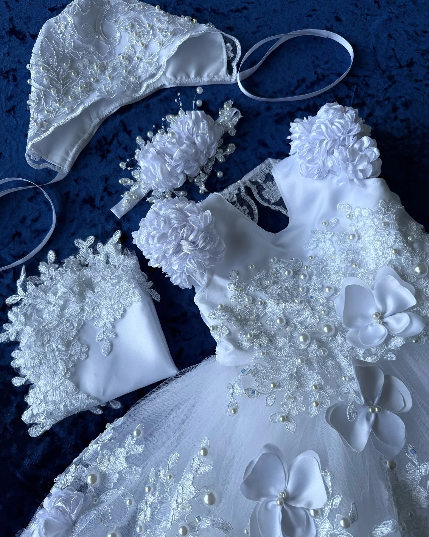 Baby girl lace baptism gown with 3D flower details, white christening dress by Showlu Fashion Store, perfect for special occasions.