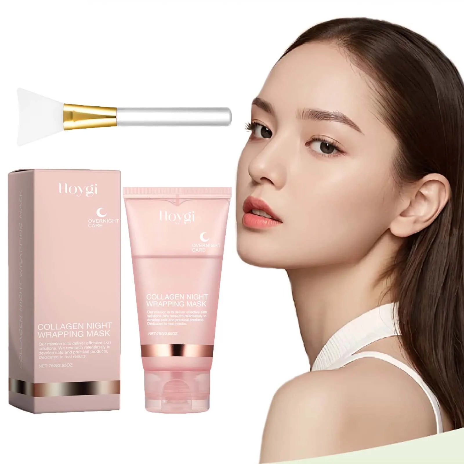 Hoygi Collagen Night Wrapping Peel-Off Mask showing the firming and moisturizing gel applied on skin, designed for facial skincare.