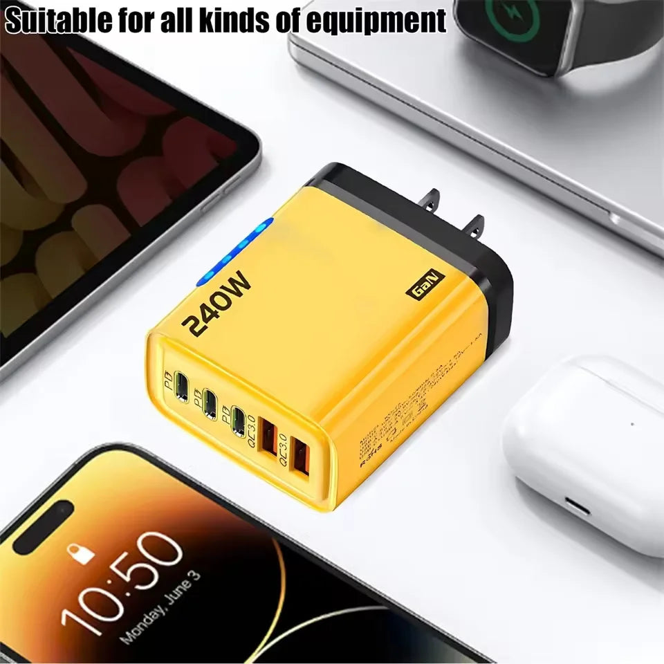 240W GaN 5 in 1 Fast Charging Phone Charger USB C Charger Power Adapter Type C EU/US Plug Wall Charger For iPhone Samsung Xiaomi