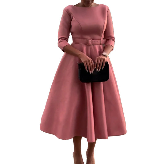 Elegant Women Party Dresses A Line with Waist Belt Three Quarter Sleeves Classy Office Ladies Wedding Guest Gowns Female