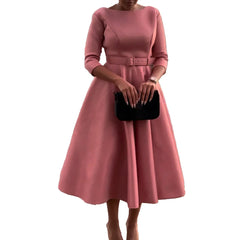 Elegant Women Party Dresses A Line with Waist Belt Three Quarter Sleeves Classy Office Ladies Wedding Guest Gowns Female