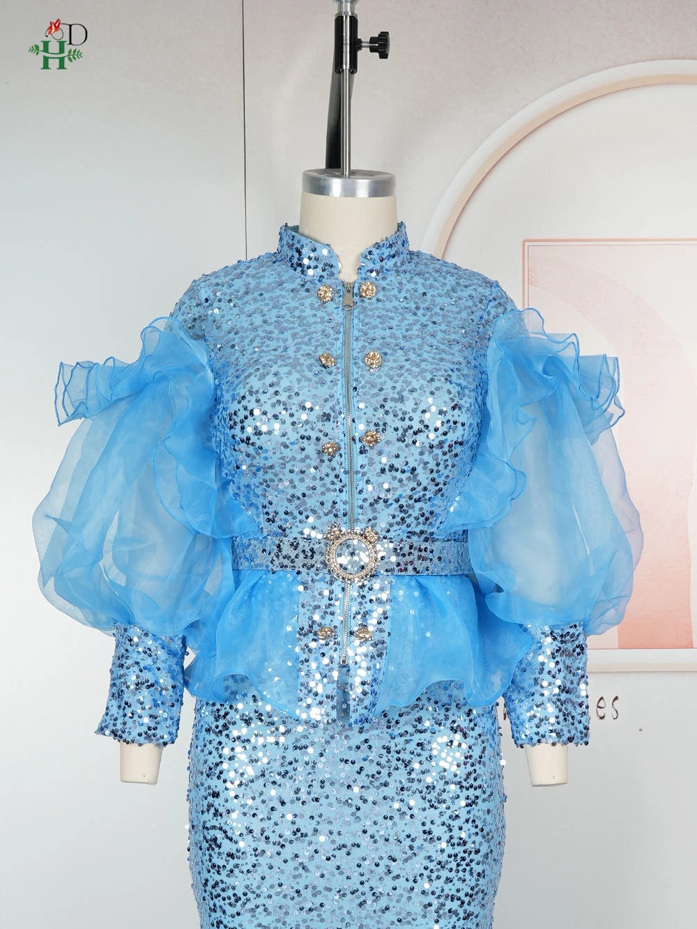 African sequin 2-piece dress set with puffy mesh sleeve top and maxi skirt, stylish and vibrant for special occasions