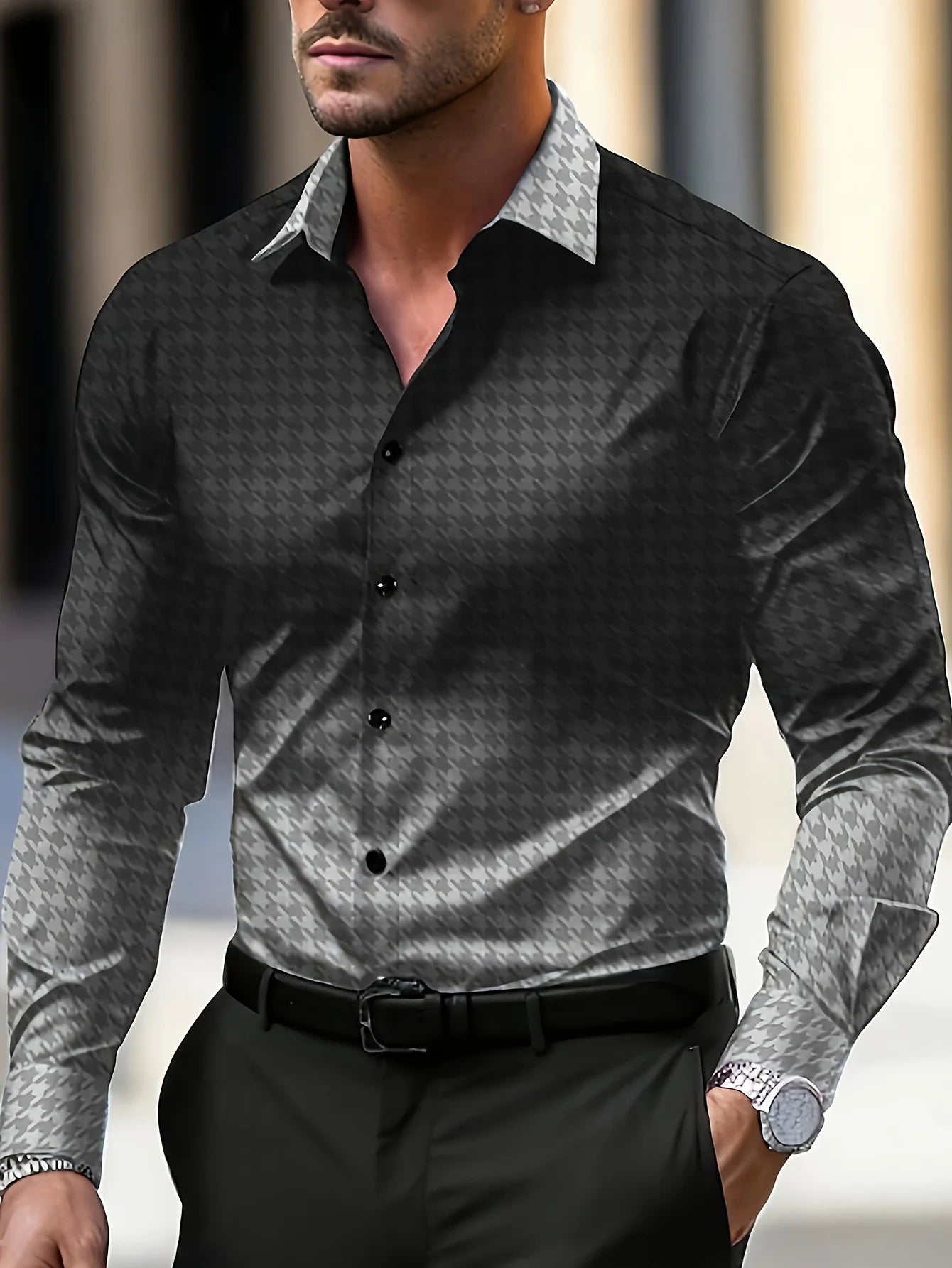 Men's stylish casual long sleeve shirt by Showlu Fashion, breathable fabric, gradient design, turn-down collar, perfect for business or casual wear.