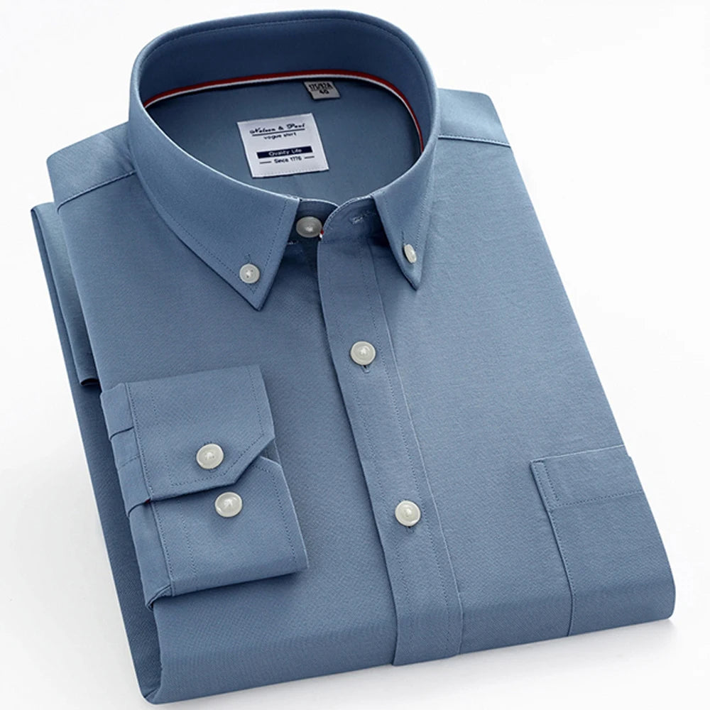 Men's plaid striped dress shirt by Showlu Fashion, long sleeve cotton shirt ideal for spring and autumn casual or light business wear.