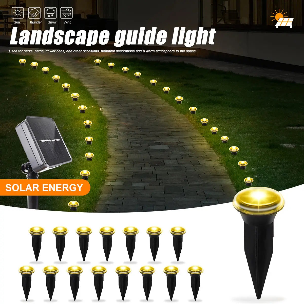 Solar LED garden pathway lights with 8 lighting modes, outdoor decorative lighting for garden paths and walkways.