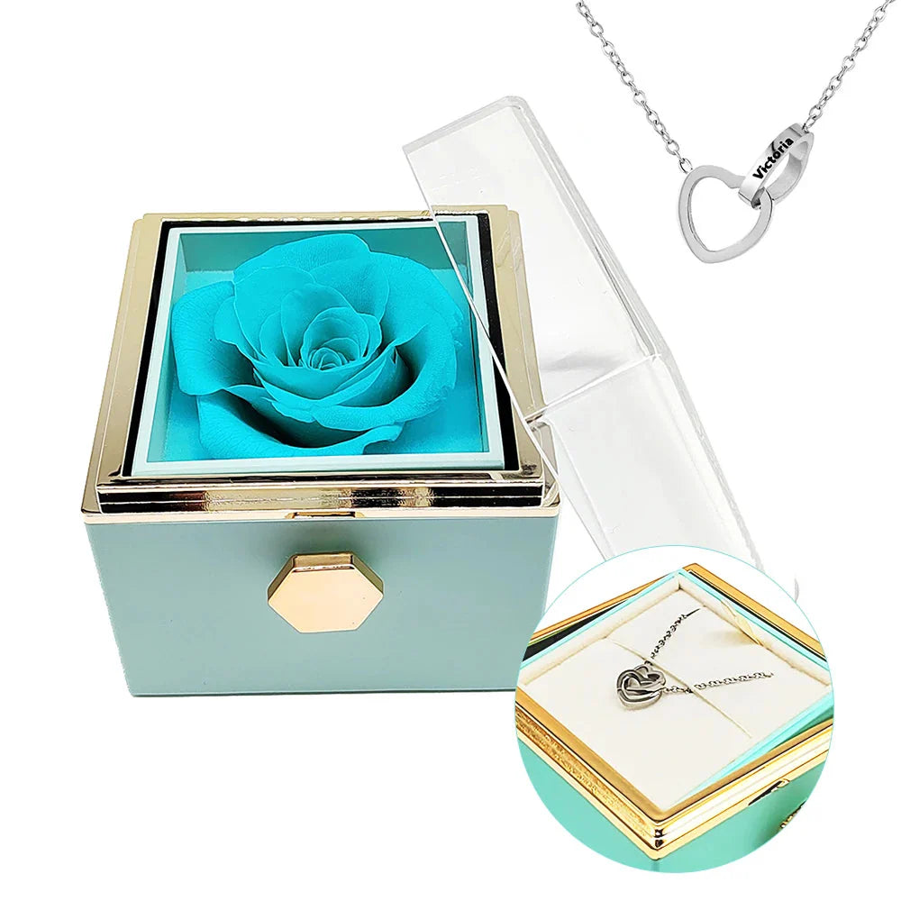Engraved interlocking heart necklace and eternal rose in a decorative box from Showlu Fashion Store.