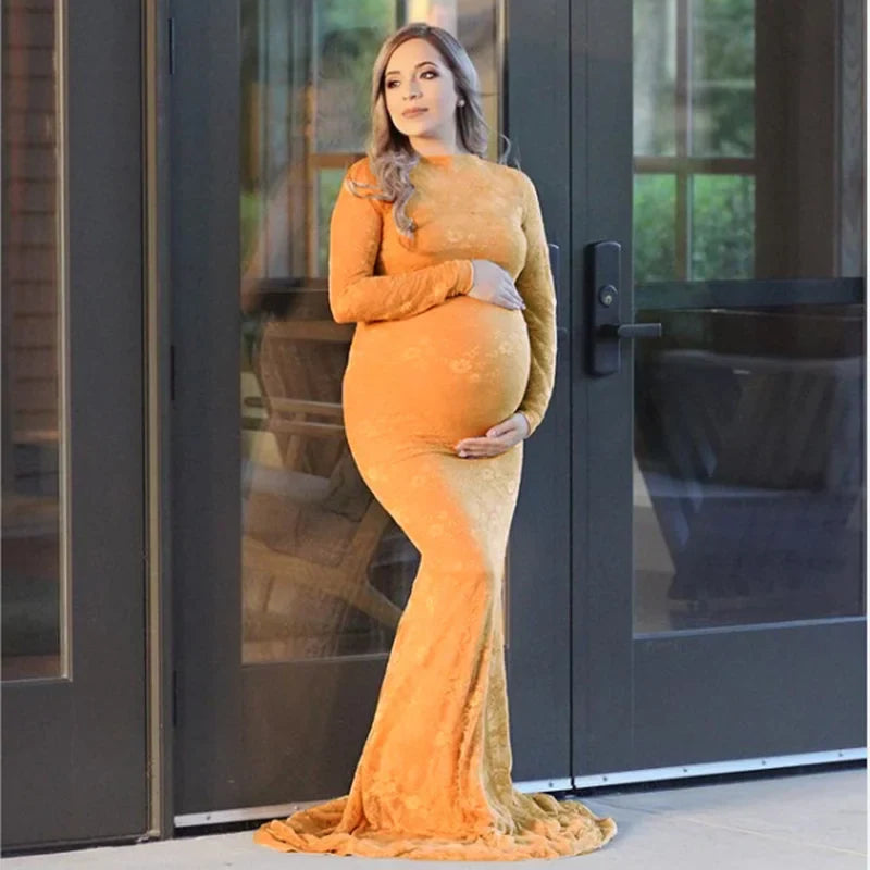 Showlu Lace Maternity Photography Dress featuring a boat neck gown with a long train, elegant and perfect for maternity photoshoots.