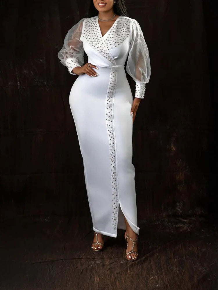 Aime Women's V-Neck Wedding Guest Gown with beaded tulle fabric and lantern sleeves, elegant and stylish for special occasions.