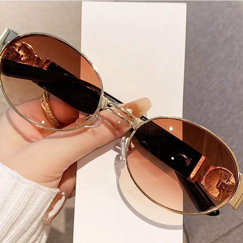 Unisex UV400 fashion oval frame sunglasses with mirrored polarized lenses, stylish protection from Showlu Fashion Store.