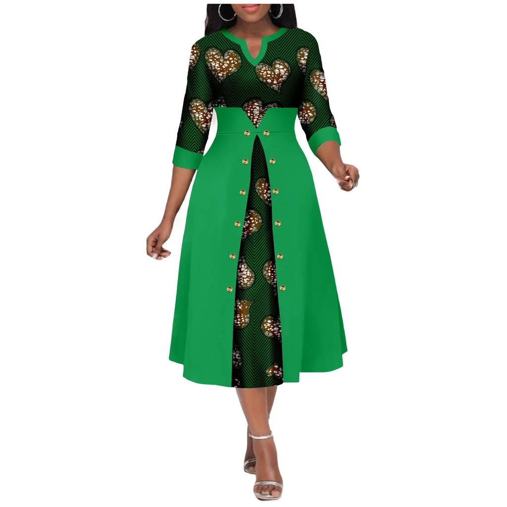 African print women's V-neck Ankara dress with cotton A-line midi skirt, showcasing vibrant patterns and a stylish silhouette.