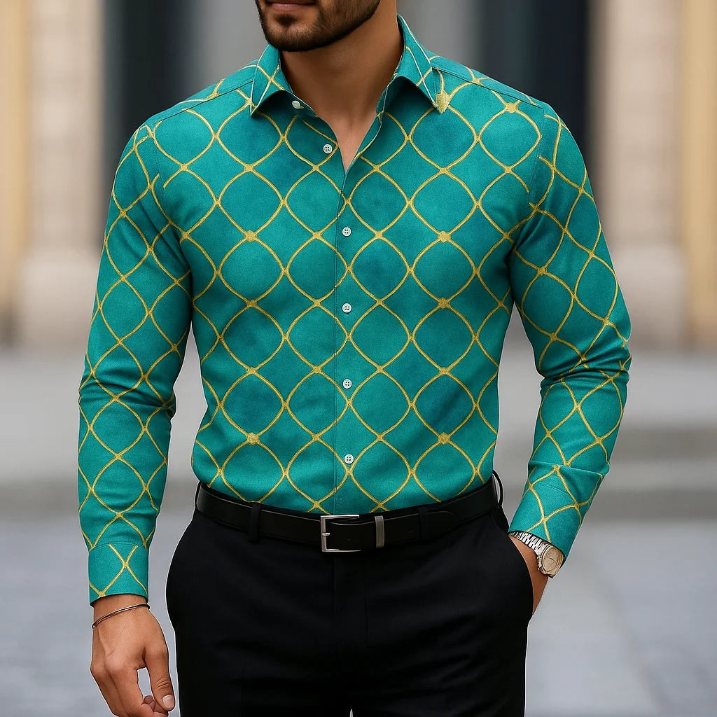 Men's long sleeve shirt with geometric pattern and casual business lapel by Showlu Fashion, displayed on a hanger.