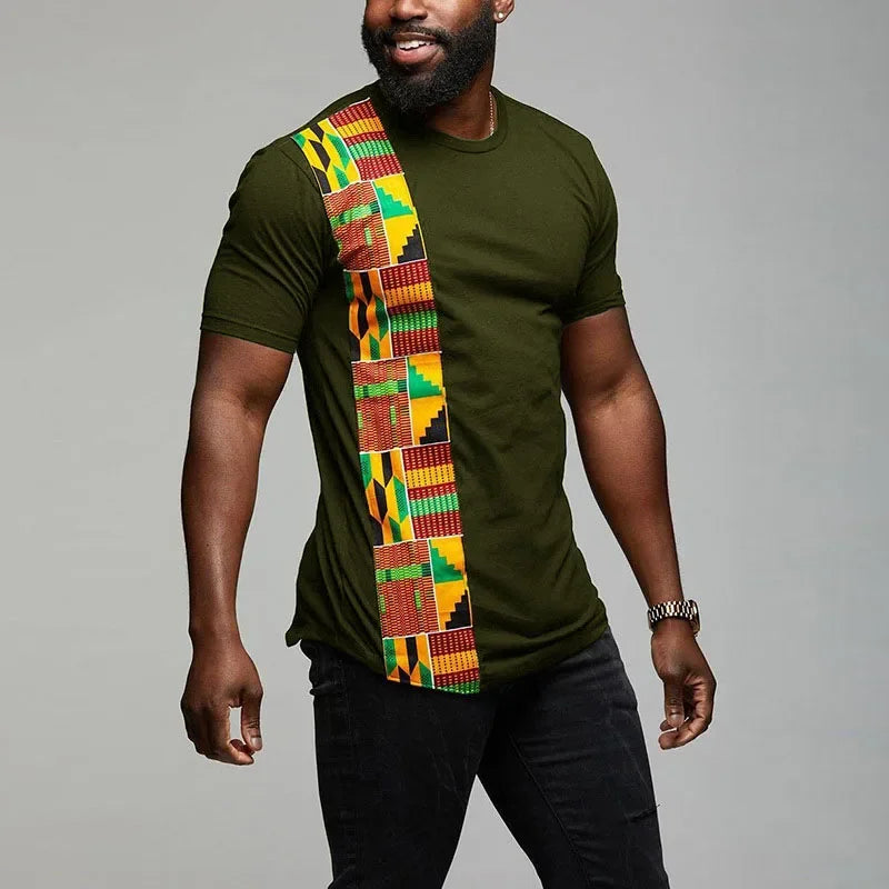 Men's African Kente patchwork T-shirt by SHOWLU FASHION STORE, featuring vibrant Ankara cotton fabric and traditional patchwork design.