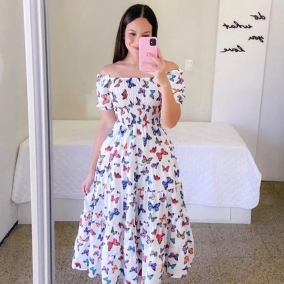Women's high-waisted A-line summer dress with slash neck and floral print by SHOWLU FASHION STORE