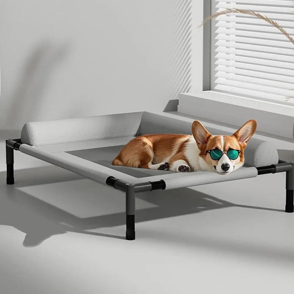 Showlu Mesh Elevated Dog Bed with breathable mesh surface, raised design, and included pillow for comfort and cooling.