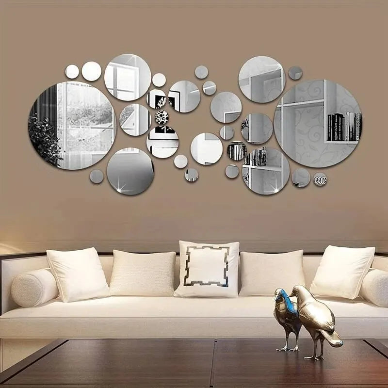 Set of 26 round 3D acrylic mirror wall stickers by Showlu Fashion Store, ideal for bedroom, bathroom, or TV background wall decor.