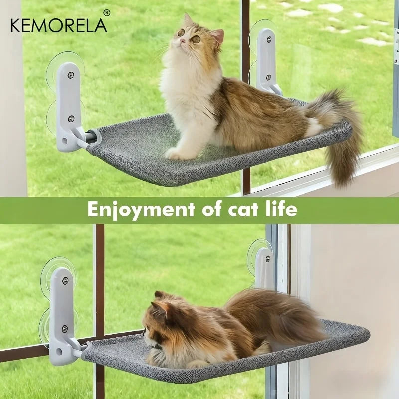 Foldable fiber cat window hammock with strong suction cups, providing a cozy perch for cats to relax and enjoy outside views.