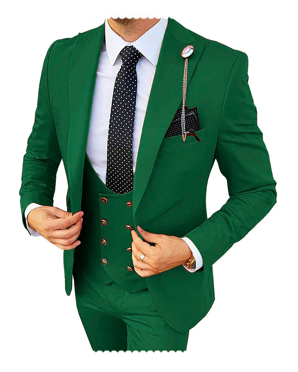Formal men's 3-piece wedding suit including blazer, pants, and vest in champagne color, slim fit tuxedo for grooms and business occasions.