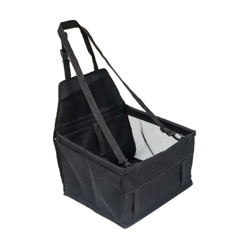 Foldable dog and cat car seat cover with pet harness and basket, providing safety and comfort for pets during travel.