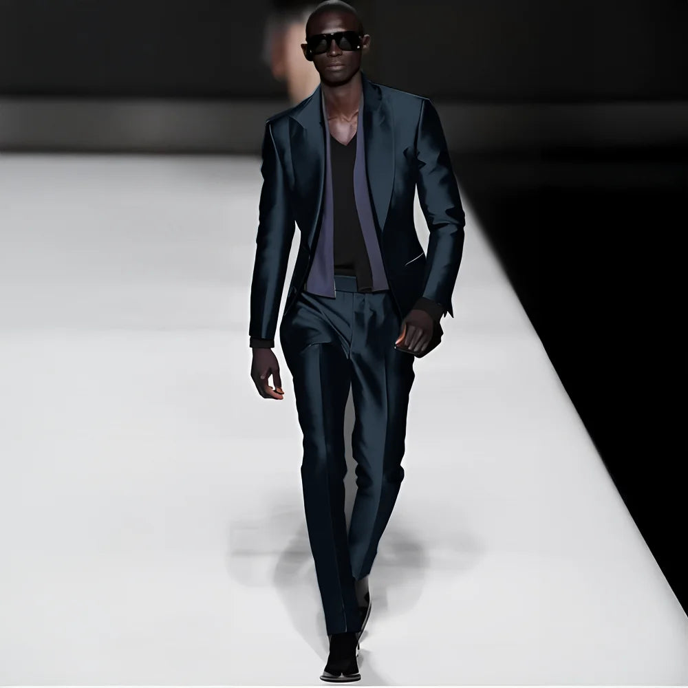 Elegant satin men's 2-piece suit featuring peak lapel blazer and matching pants, ideal for wedding, dinner, or formal occasions.