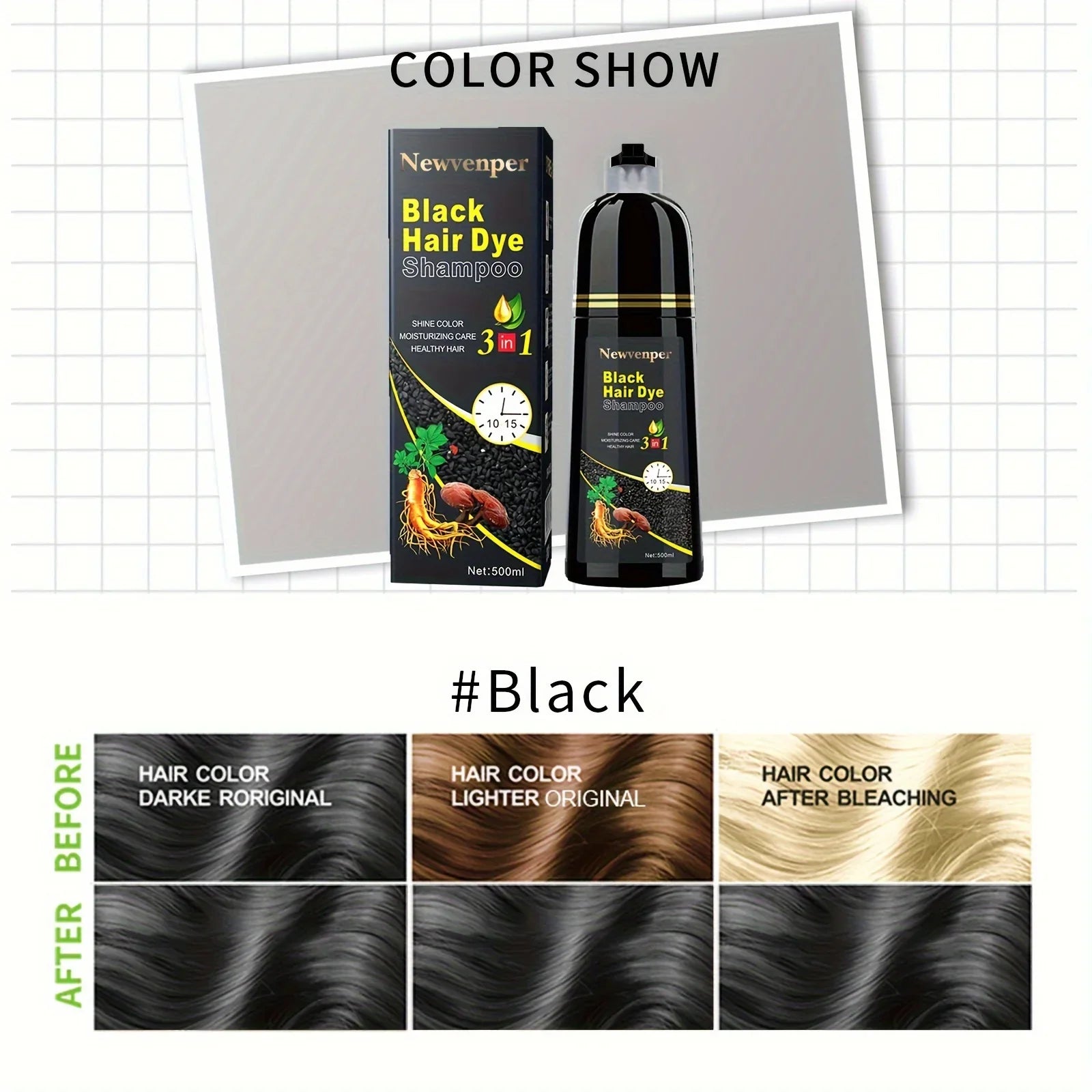 Black hair dye shampoo by SHOWLU FASHION STORE, 500ml bottle with natural long-lasting color for healthy hair.