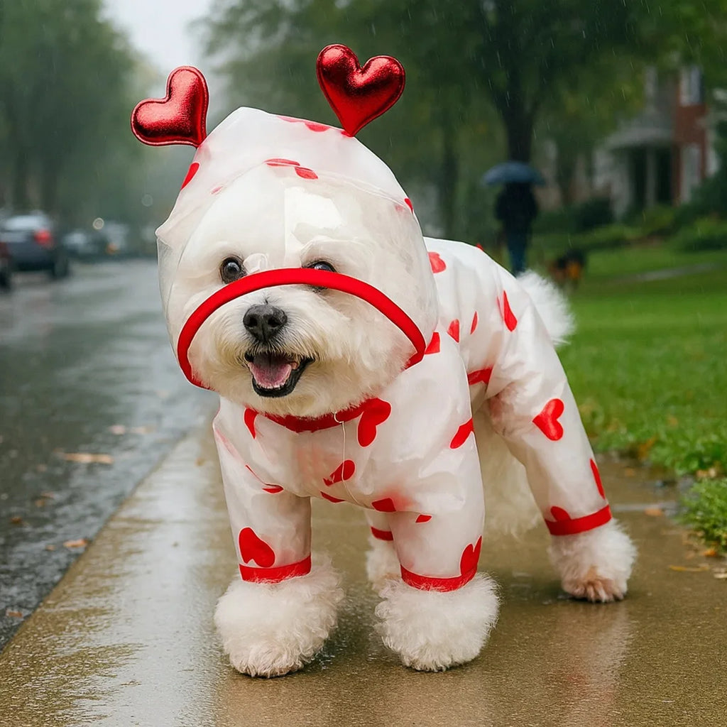 Red Showlu Love Dog Raincoat, waterproof puppy hoodie and pet jumpsuit, shown on a small dog in a rainy setting